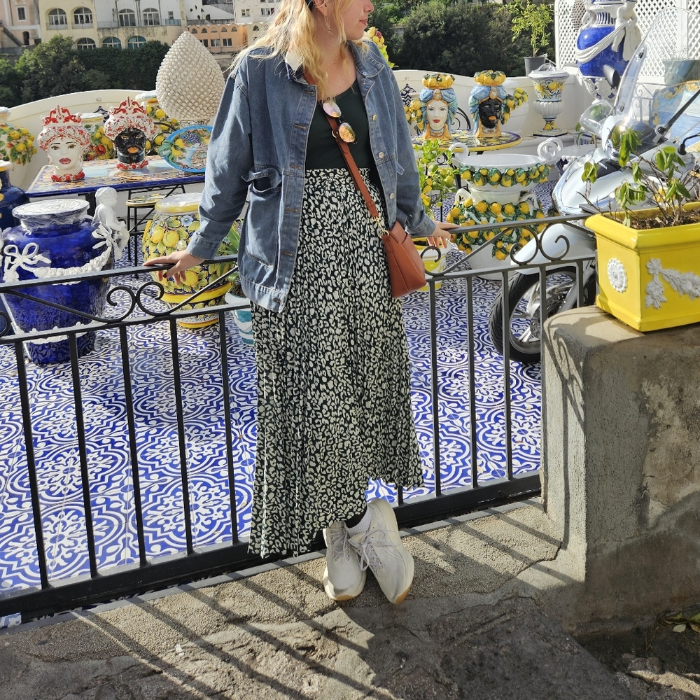 green pleated leopard print maxi skirt